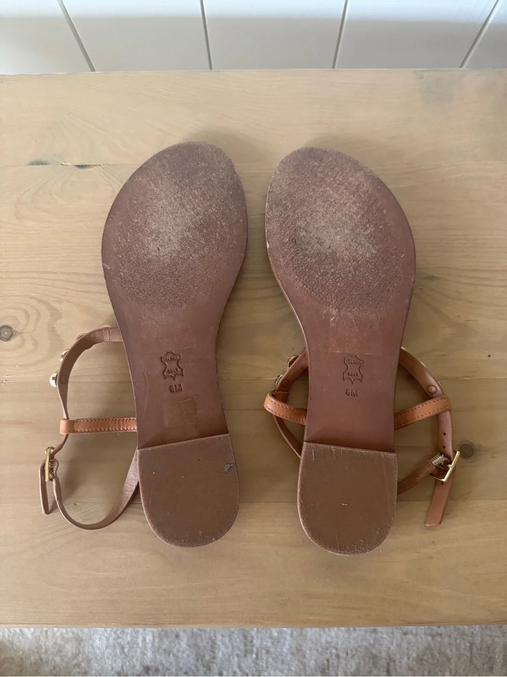 Tory Burch Tan Leather T-Strap Sandals with Pearl Accents